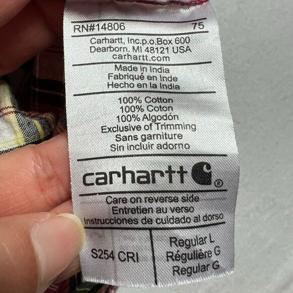 Carhartt Shirt Mens Large Red Button Down Plaid Long Sleeve Collared Western - Picture 5 of 8